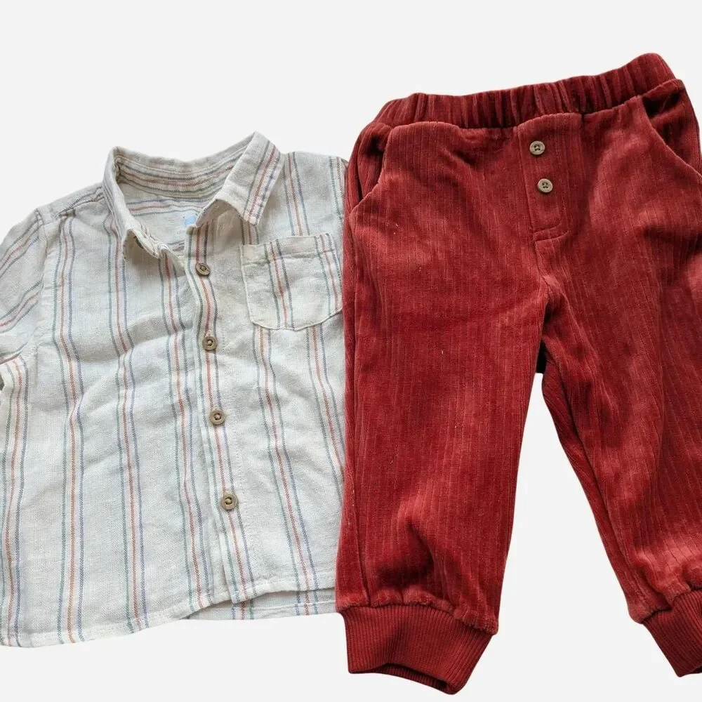 Cloud Island Baby Boy Boho Neutral Striped Gauze Shirt & Rust Corduroy Pants Set